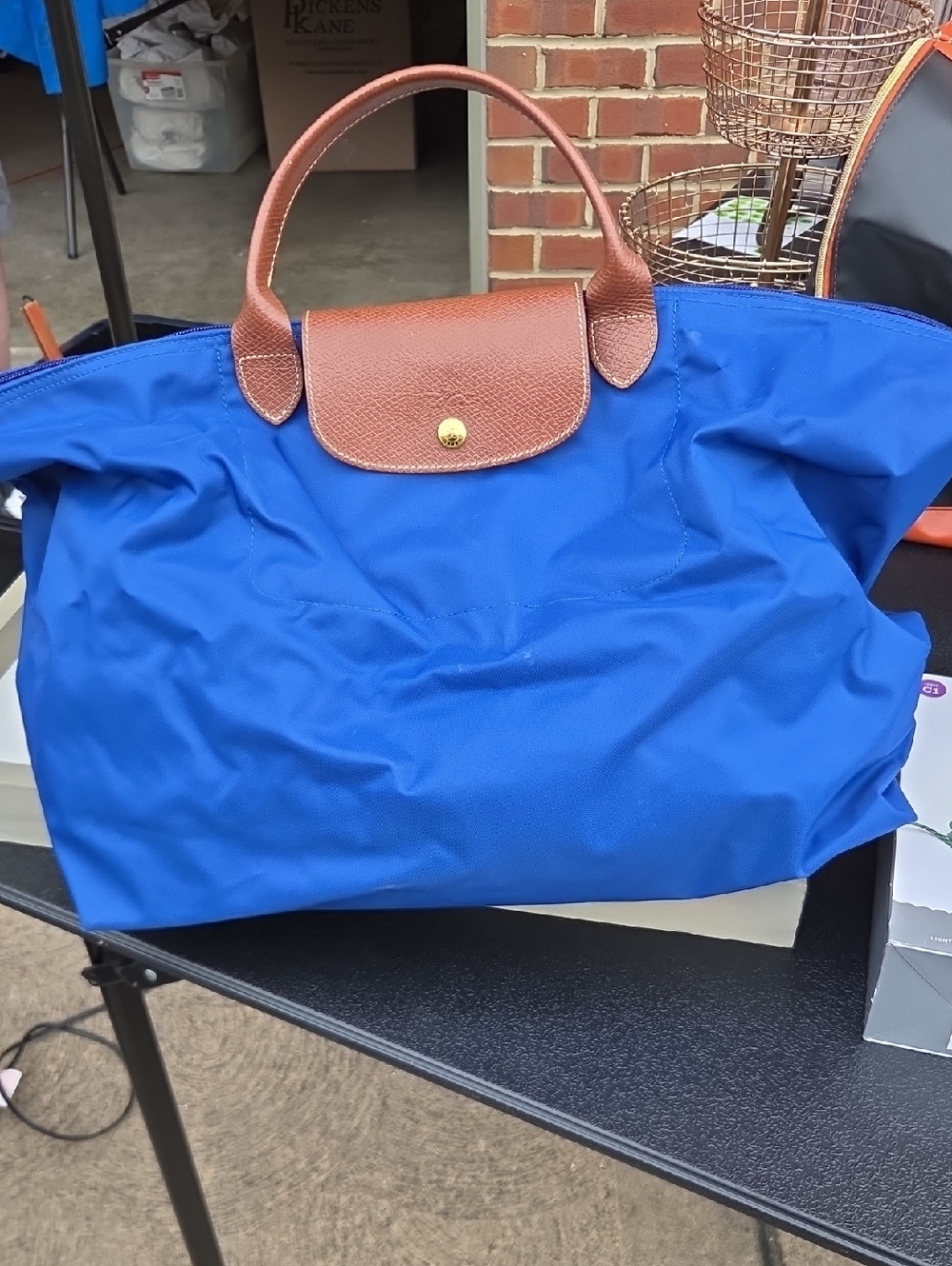 Long Chomp Blue  Carryall Tote Bag with Brown Handles